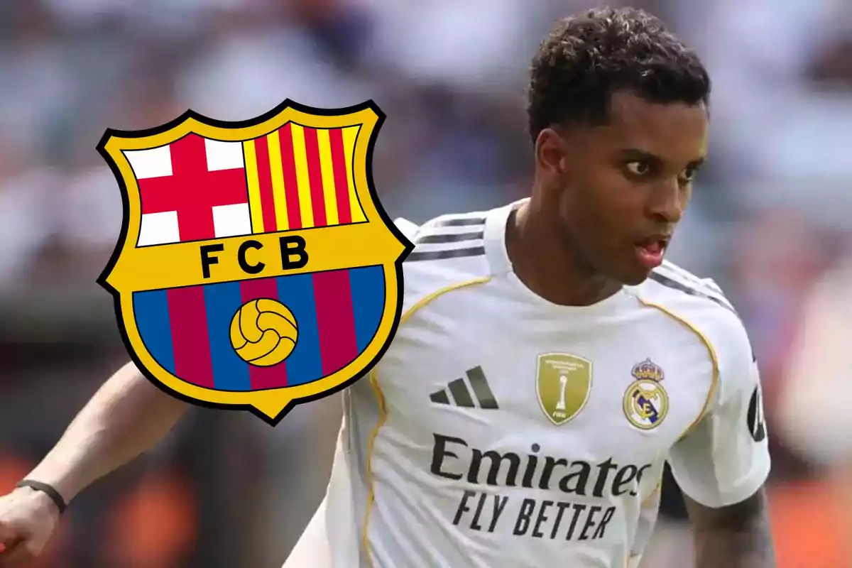 Real Madrid player in action with the FC Barcelona crest superimposed on the image