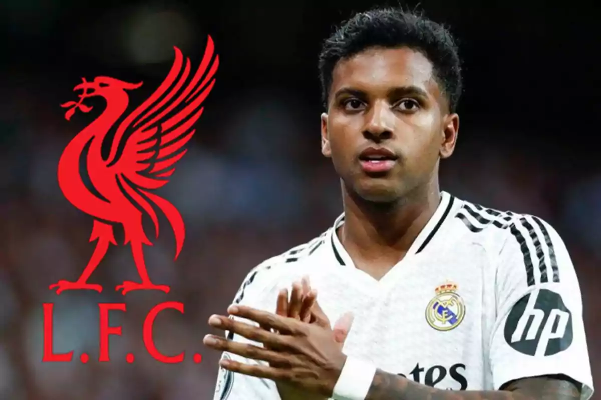 Futbolista del Real Madrid con el logo del Liverpool FC a su lado