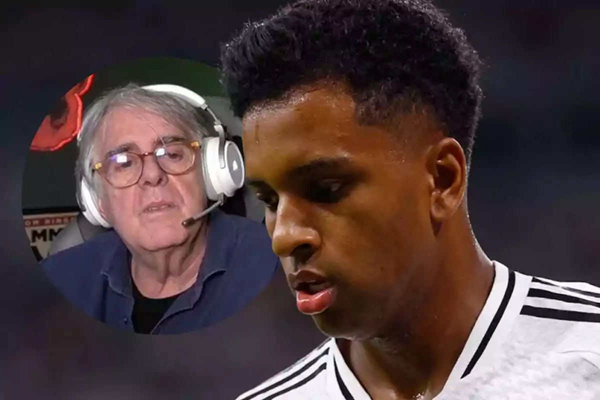 Un hombre mayor con auriculares y micrófono aparece en un círculo superpuesto a la imagen de un futbolista joven con camiseta blanca y negra en primer plano.