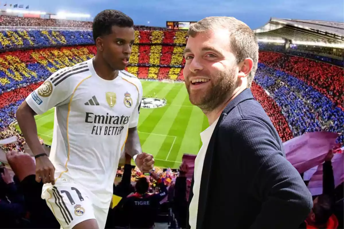 A Real Madrid player and a smiling man appear in the foreground with a stadium full of fans in the background.