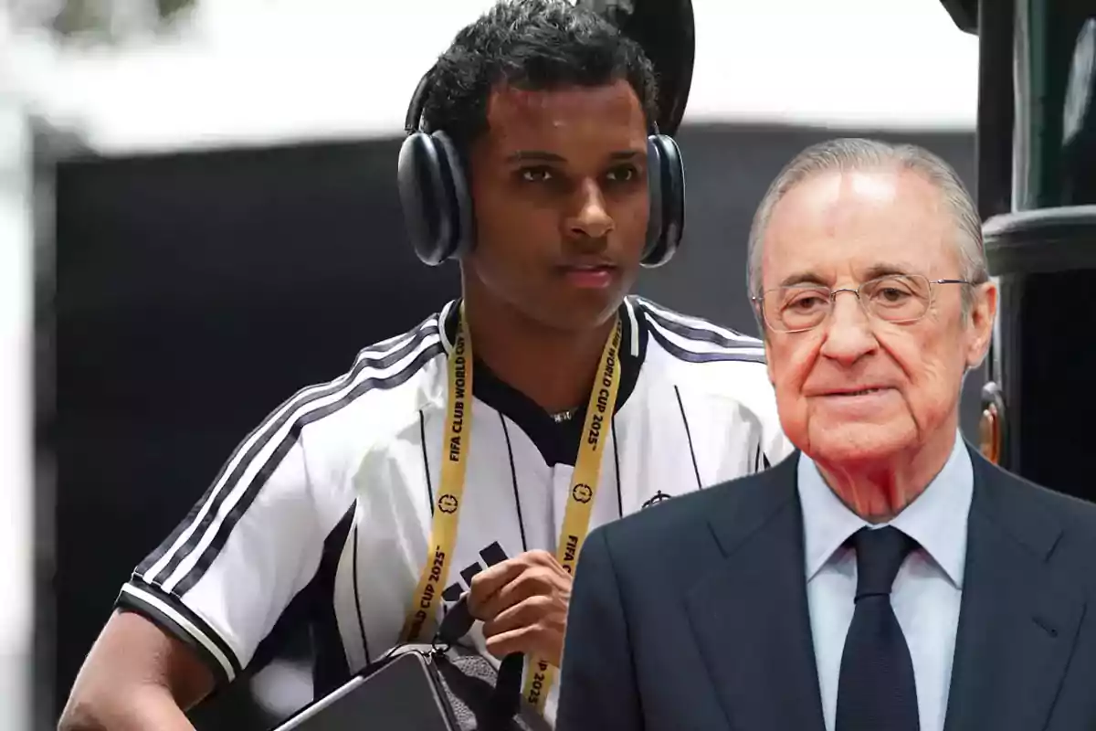 Un joven con audífonos y camiseta deportiva blanca con negro lleva una credencial colgada al cuello mientras un hombre mayor con gafas y traje oscuro está al frente de la imagen.