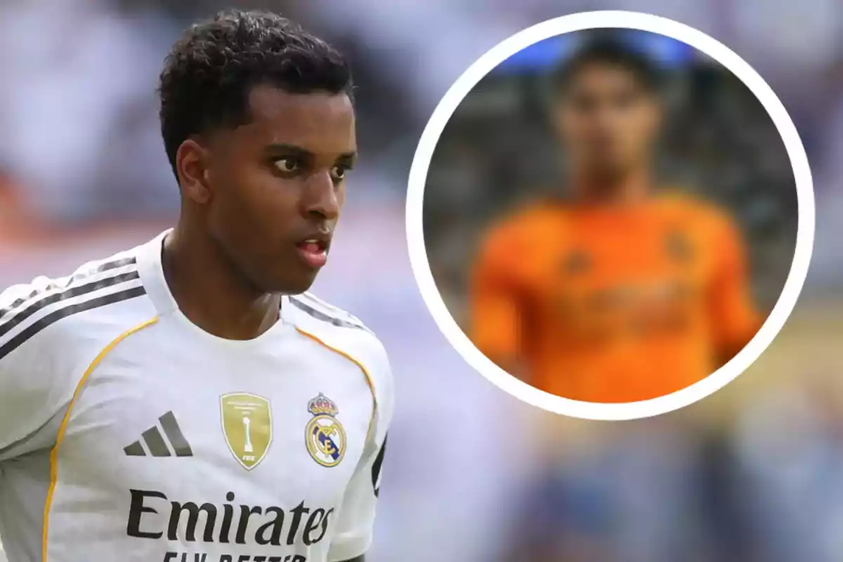 Jugador del Real Madrid con uniforme blanco en primer plano y un círculo con la imagen borrosa de otro jugador con uniforme naranja al fondo