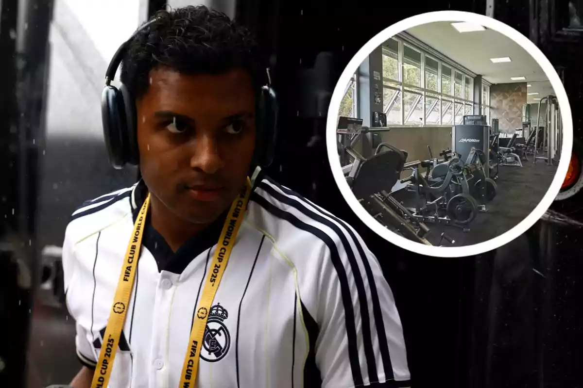 Un futbolista con audífonos y camiseta del Real Madrid lleva un gafete del Mundial de Clubes mientras al fondo se muestra un gimnasio moderno en un círculo superpuesto.