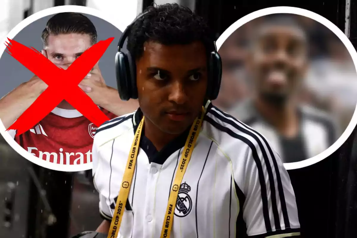 Jugador del Real Madrid con audífonos y gafete de la FIFA, al fondo dos imágenes circulares, una con un futbolista del Arsenal tachado con una X roja y otra con un jugador desenfocado.