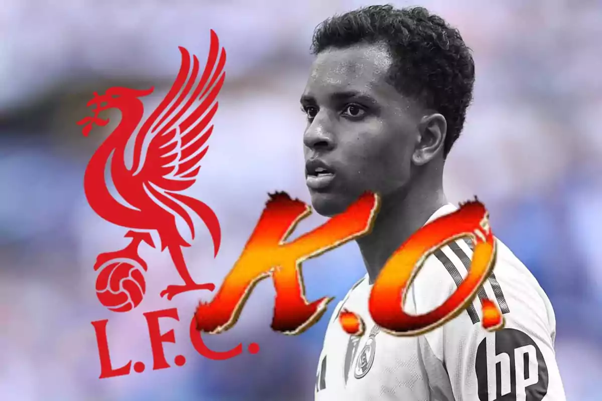 Jugador del Real Madrid en primer plano con el logo del Liverpool y las letras KO en grande sobre la imagen