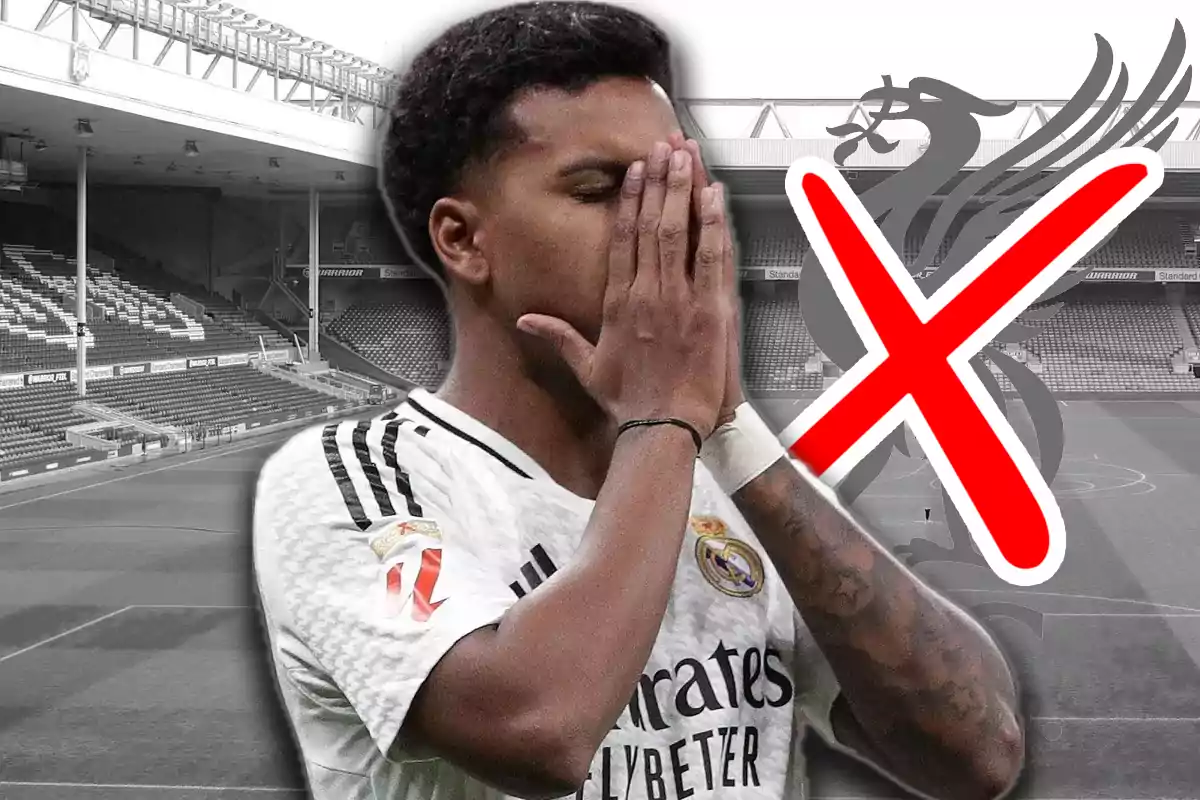 Real Madrid player with a frustrated expression in front of an empty stadium and a Liverpool logo crossed out with a red X