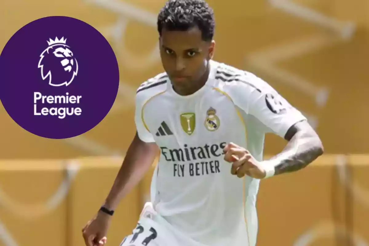 Futbolista del Real Madrid en acción con el logo de la Premier League a la izquierda