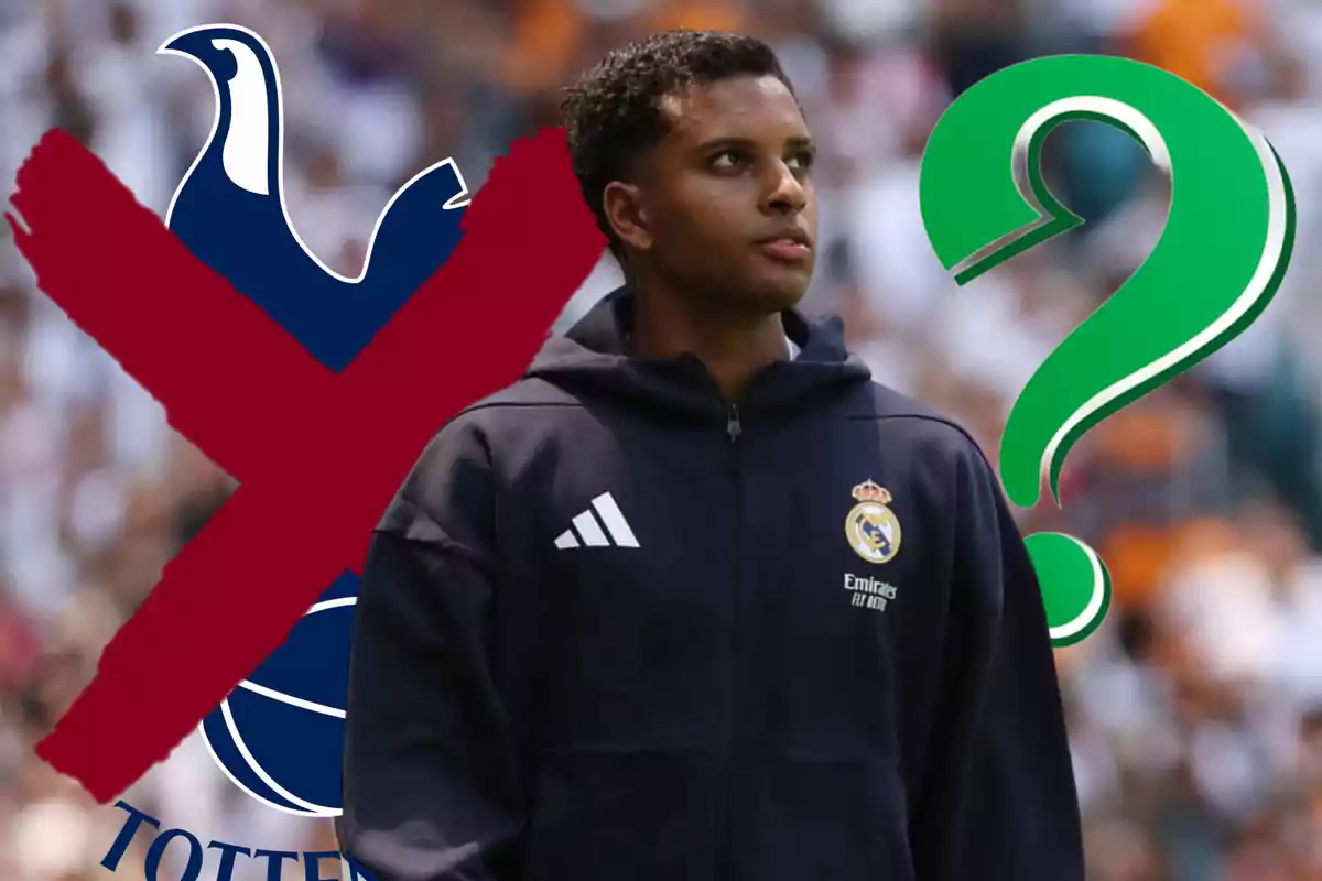A Real Madrid player appears in the foreground, while in the background the Tottenham logo is crossed out with a red X and a large green question mark.