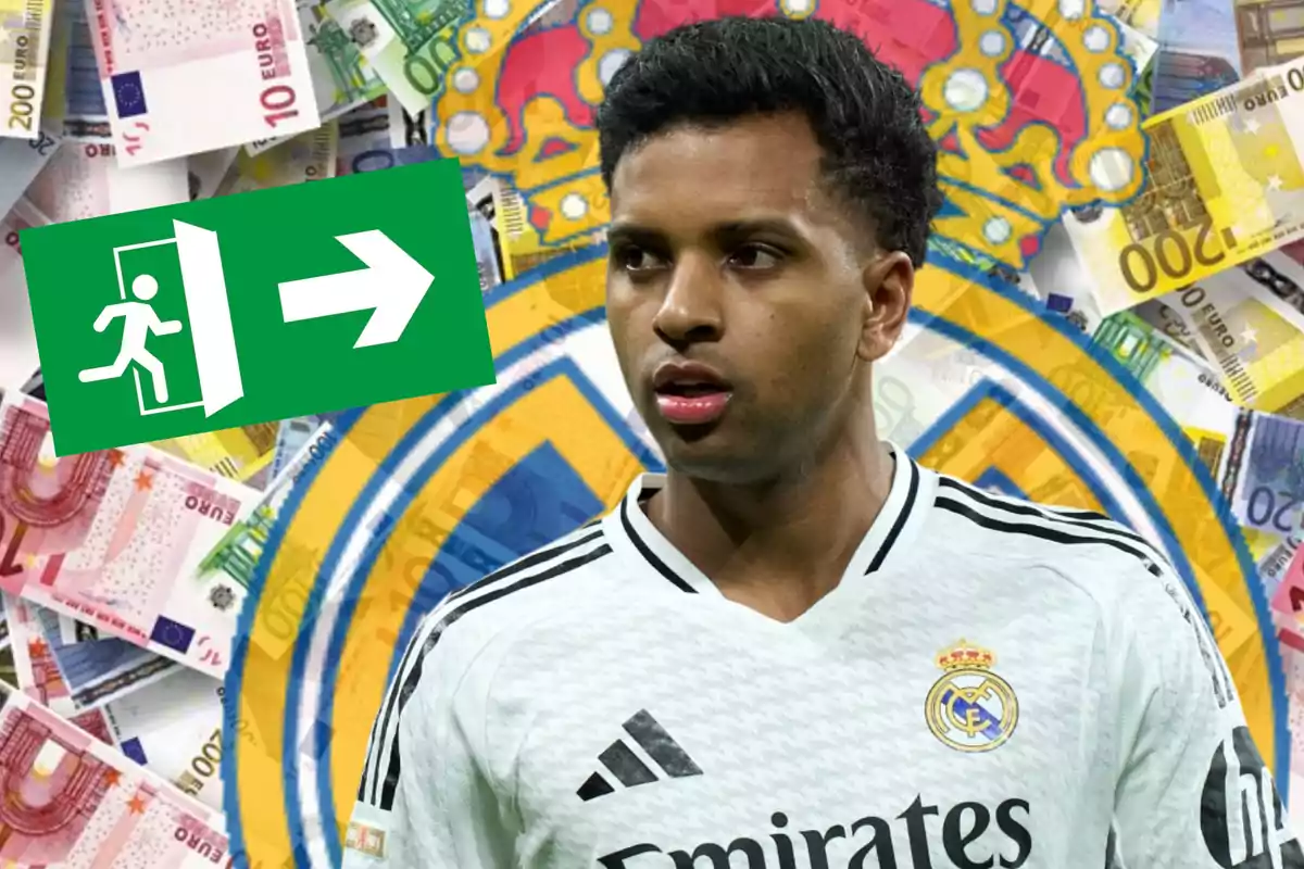 Real Madrid player with a background of bills and an emergency exit sign