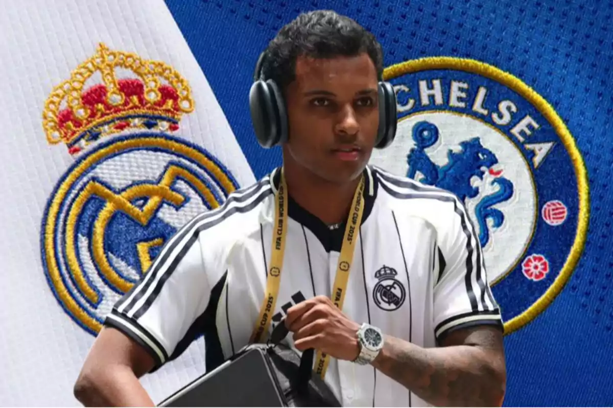 Joven con audífonos y camiseta del Real Madrid frente a los escudos de Real Madrid y Chelsea