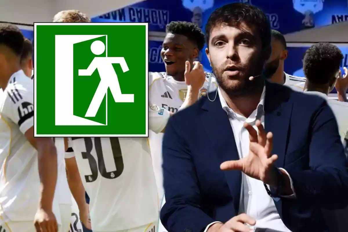 A sports journalist with a microphone appears in the foreground while Real Madrid players and a large superimposed emergency exit icon can be seen in the background.