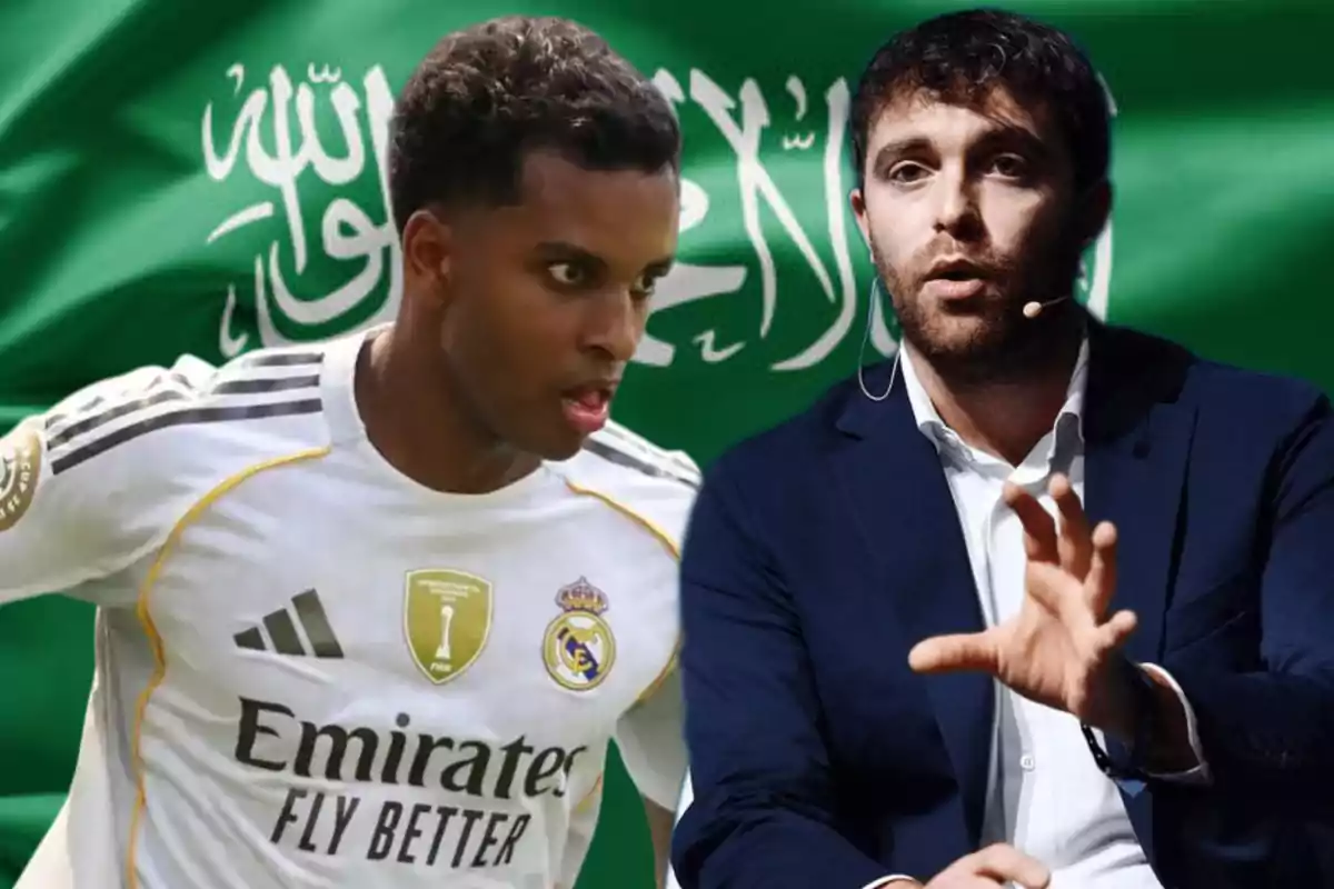 A Real Madrid player and a man with a headset microphone appear in front of a green flag with Arabic letters.