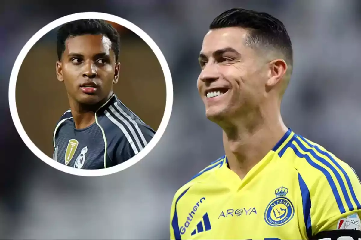 Dos futbolistas aparecen en la imagen uno de ellos lleva el uniforme amarillo de Al Nassr y sonríe mientras que el otro está dentro de un círculo y viste el uniforme gris del Real Madrid mirando hacia un lado