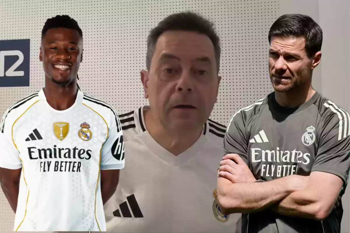 Tres hombres con ropa del Real Madrid posan frente a un fondo claro, uno de ellos sonríe, otro está en el centro mirando al frente y el tercero aparece con los brazos cruzados