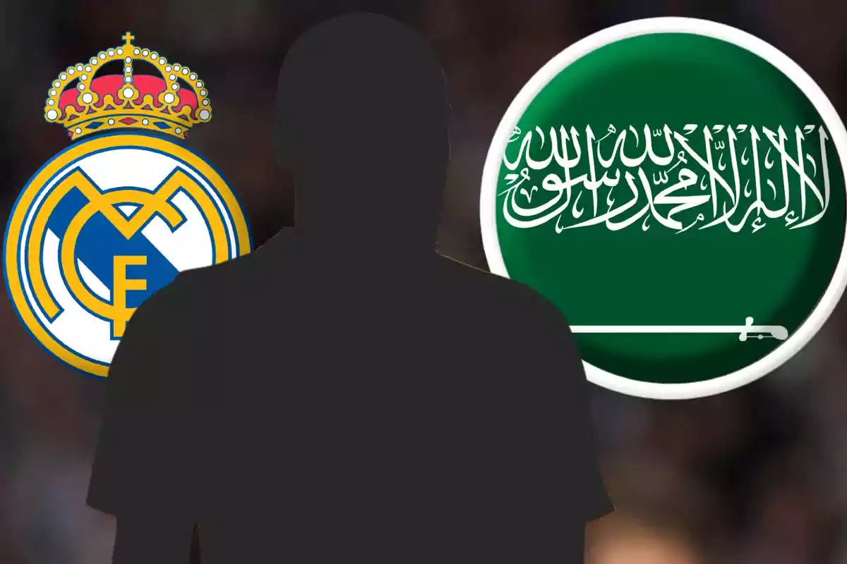Silhouette of a person between the Real Madrid crest and the flag of Saudi Arabia