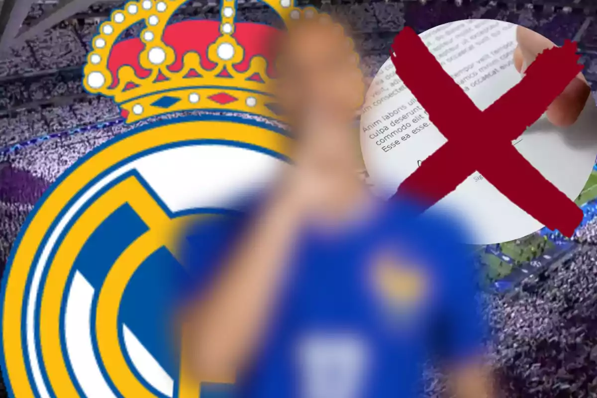Jugador de fútbol desenfocado con uniforme azul frente al escudo del Real Madrid y un documento tachado con una equis roja en un estadio lleno de aficionados