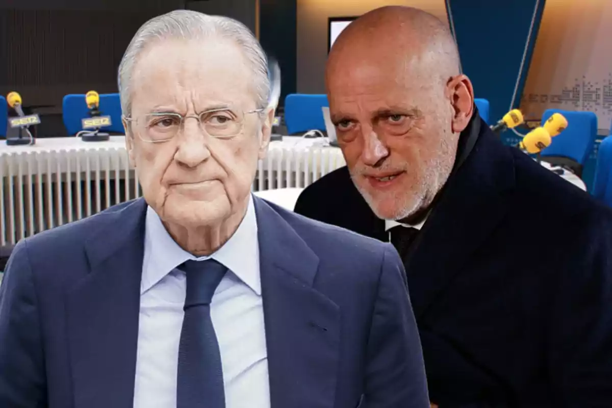Two men in suits in the foreground with a radio studio in the background