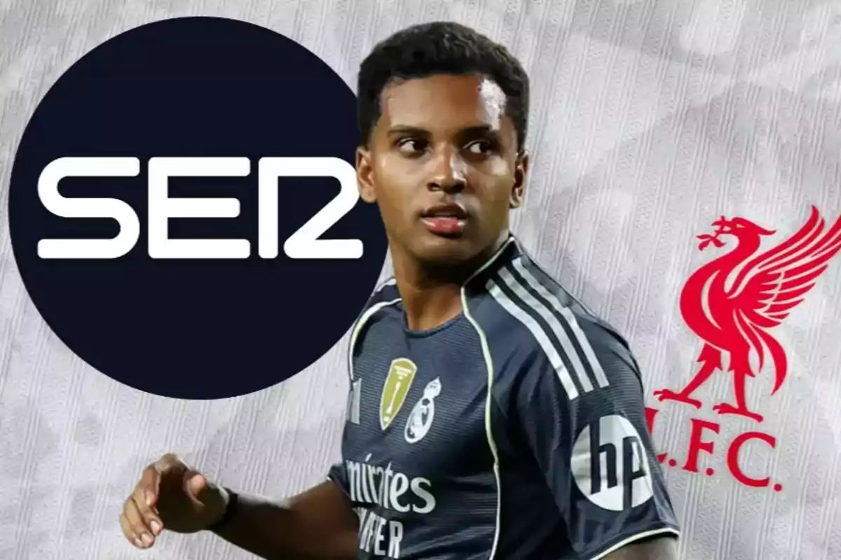 Futbolista con uniforme del Real Madrid en primer plano, logotipo de la cadena SER a la izquierda y escudo del Liverpool a la derecha sobre un fondo claro.