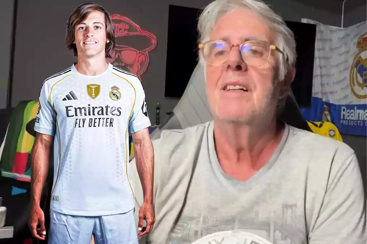 Un hombre mayor con gafas y camiseta gris está sentado frente a una bandera del Real Madrid, junto a la imagen de un futbolista con uniforme blanco del mismo equipo.