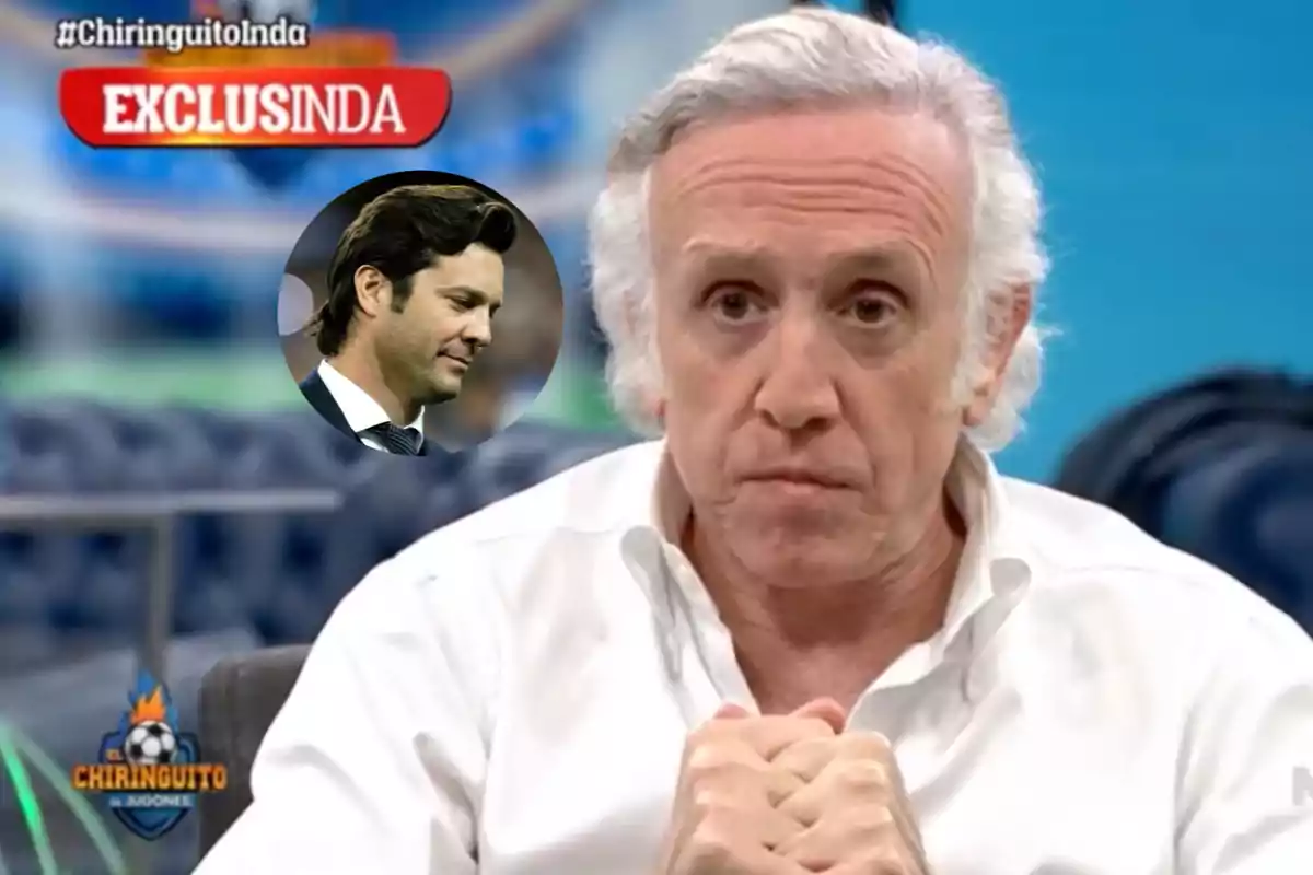 Hombre de cabello canoso y camisa blanca sentado en un programa de televisión deportiva con un gráfico de "EXCLUSINDA" y una imagen circular de otro hombre en traje en la esquina superior izquierda