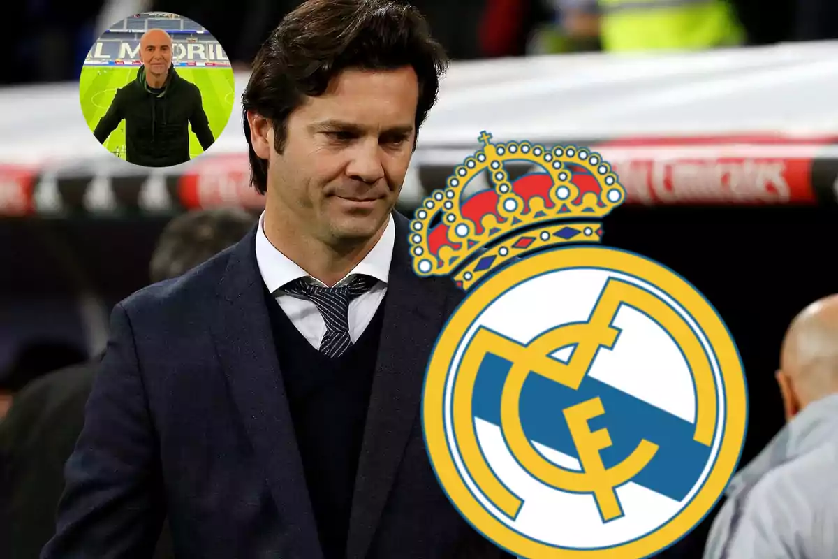 Hombre de cabello oscuro con expresión seria usando traje y corbata, con el escudo del Real Madrid en primer plano y una imagen circular de otro hombre en el fondo