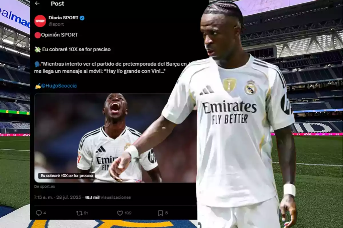 Un futbolista del Real Madrid con el uniforme blanco aparece en primer plano sobre el césped del estadio, mientras al fondo se muestra una captura de pantalla de una publicación en redes sociales con su imagen y un texto en español.