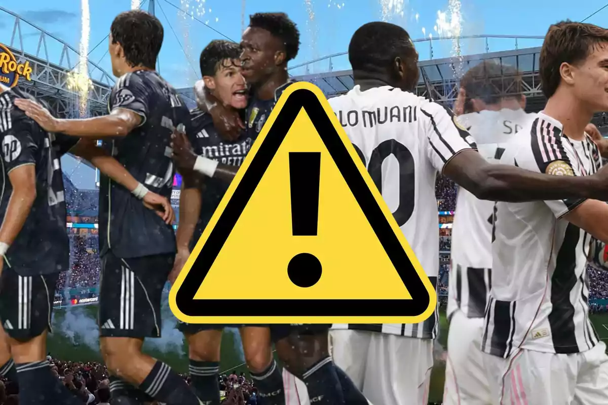 Jugadores del Real Madrid y del Juventus de Turín en el Hard Rock Stadium con una señal amarilla de aviso