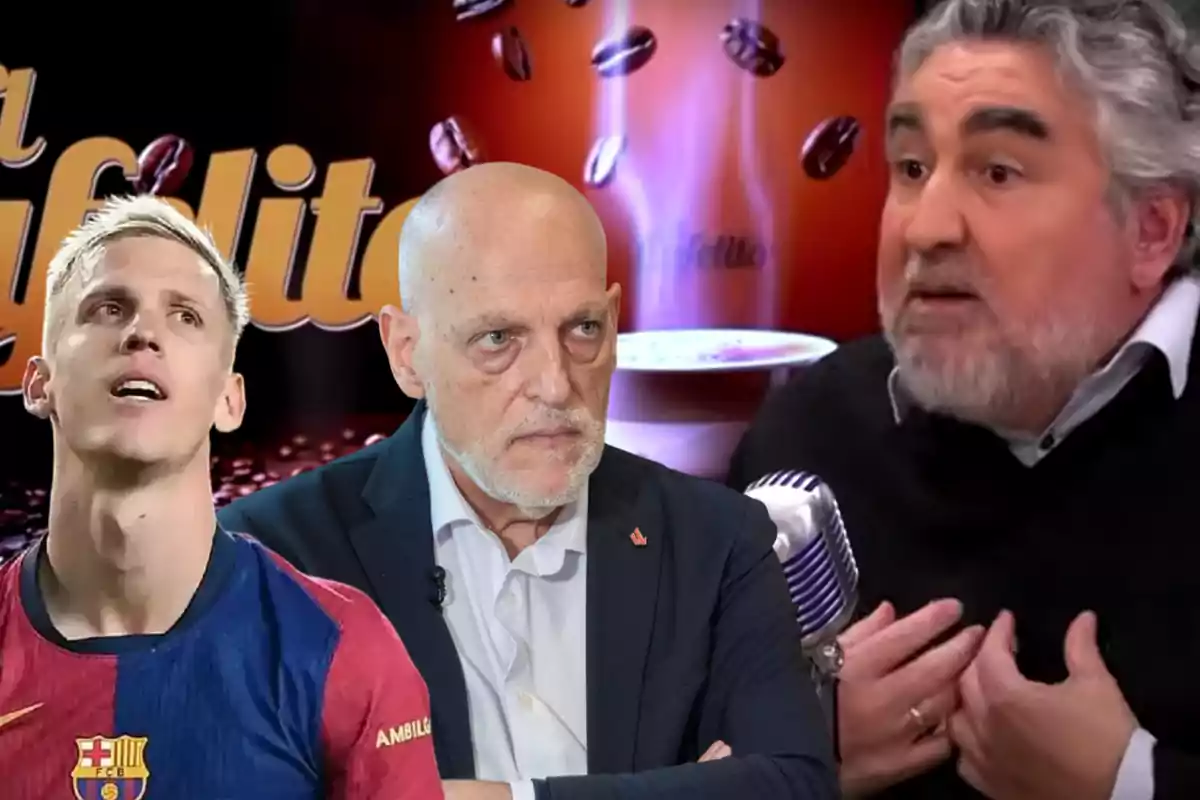 Tres hombres en primer plano, uno con camiseta del Barcelona, otro calvo y serio con saco, y otro de barba canosa hablando frente a un micrófono, con fondo de café y letras grandes desenfocadas.