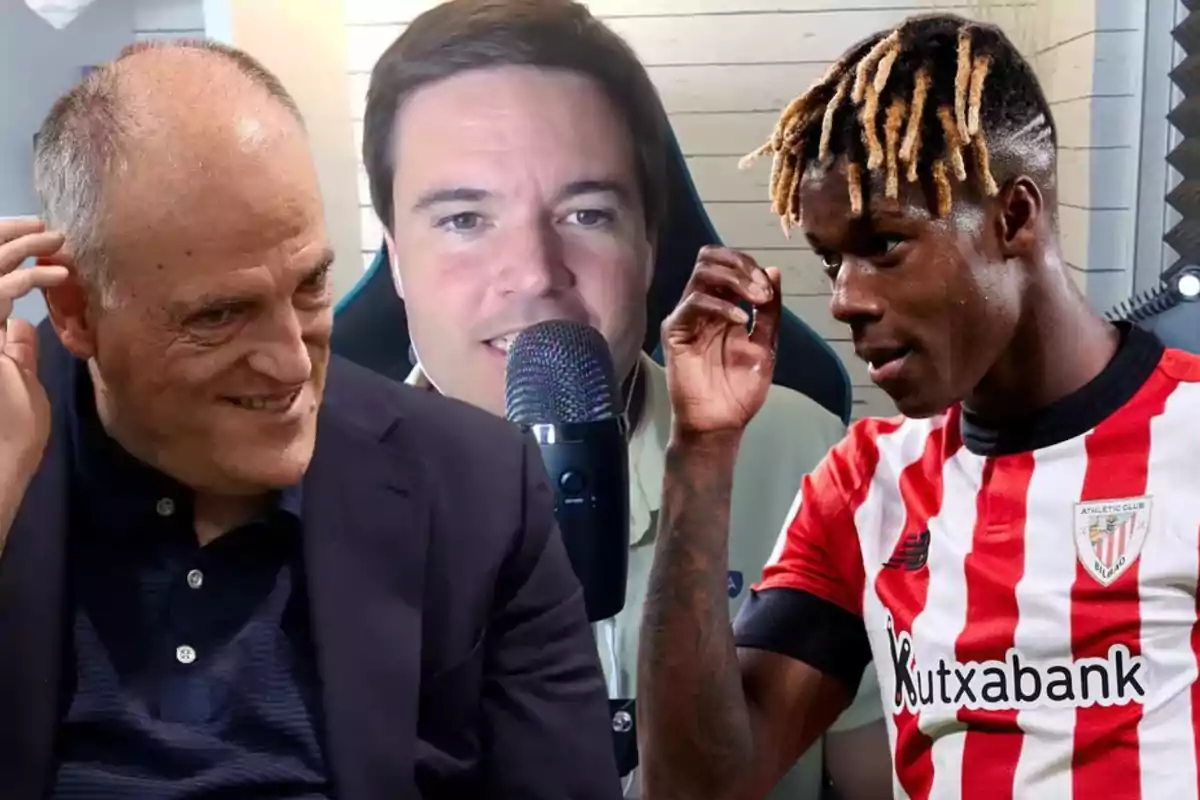 Three men appear in the picture: one of them is wearing an Athletic Club soccer jersey, another is dressed in a dark jacket, and the third is speaking in front of a microphone.
