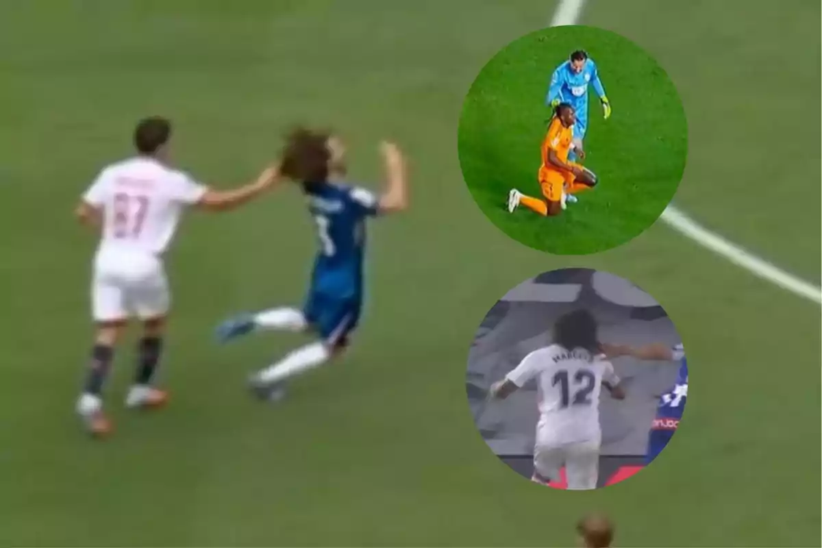 Tres escenas de fútbol donde jugadores exageran faltas o caídas durante un partido