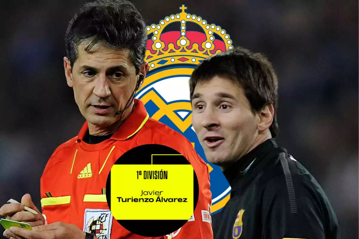 Un árbitro de fútbol conversando con un jugador del Barcelona, con el escudo del Real Madrid de fondo y un gráfico amarillo con el nombre Javier Turienzo Álvarez.