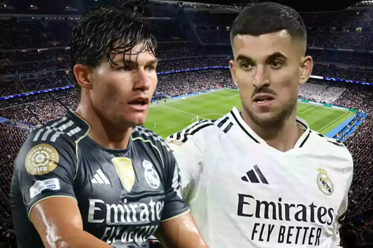 Two Real Madrid players wearing different uniforms pose in a stadium full of fans during a soccer match. Two Real Madrid players wearing different uniforms pose in a stadium full of fans during a soccer match.
