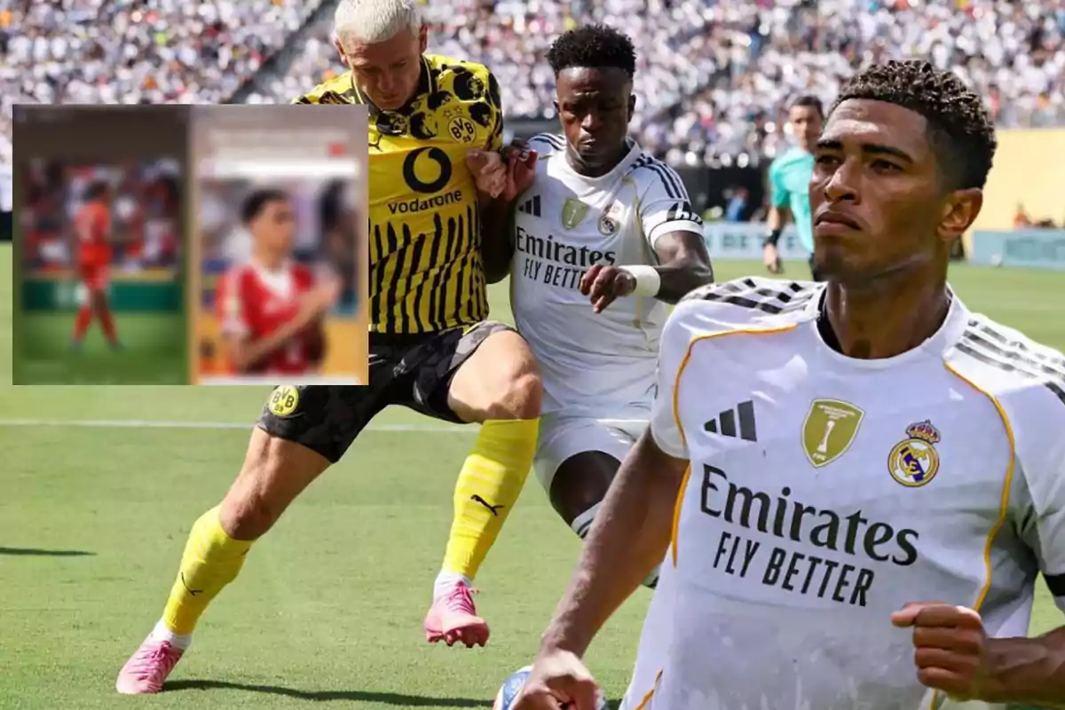 Jugadores de fútbol de los equipos Real Madrid y Borussia Dortmund disputando el balón en un partido, con un recuadro borroso en la esquina superior izquierda.