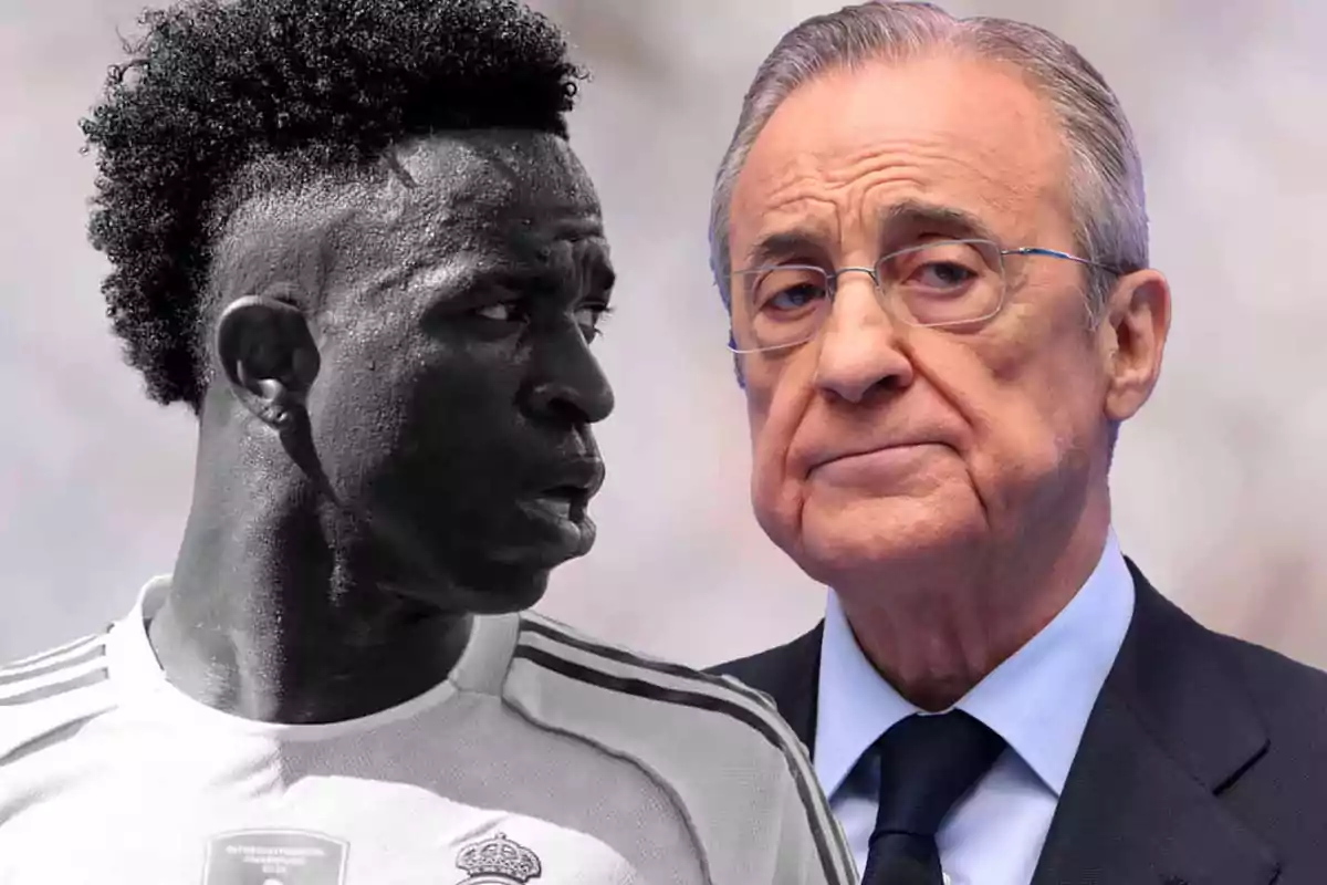 A player in a white jersey looks at an older man with glasses and a serious expression.