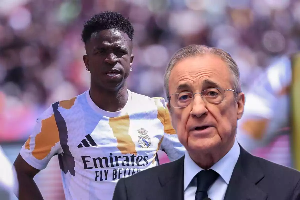 Un futbolista del Real Madrid con el uniforme de entrenamiento y un hombre mayor con gafas y traje en primer plano