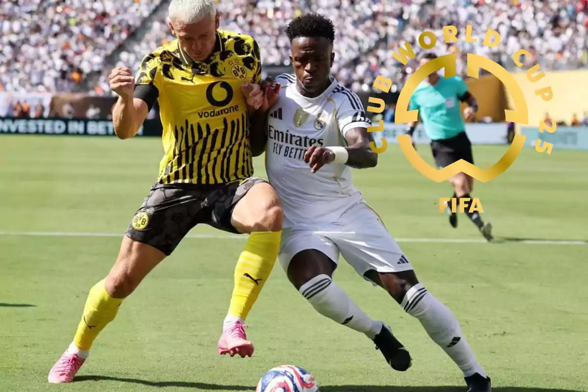 Two players from Borussia Dortmund and Real Madrid compete for the ball in a match with the FIFA Club World Cup 2025 logo superimposed on the image.