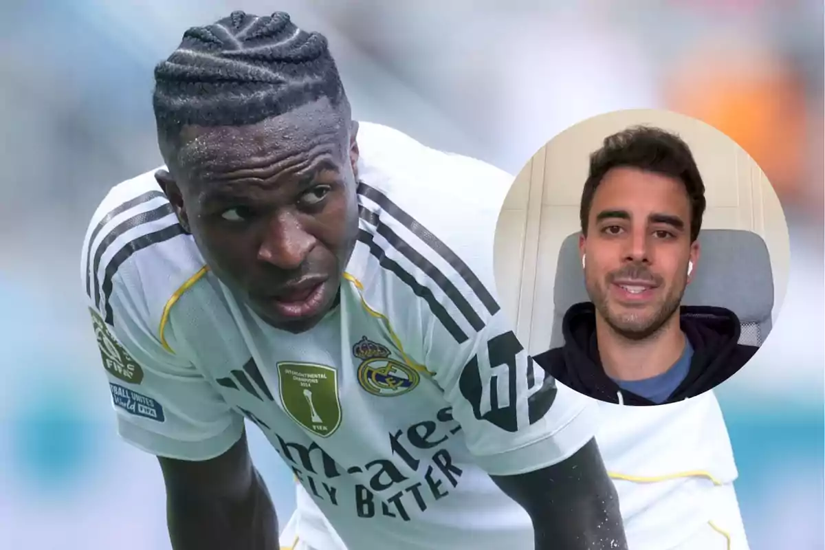 Soccer player wearing a white Real Madrid jersey in the foreground and a young man with headphones in a circular overlay.