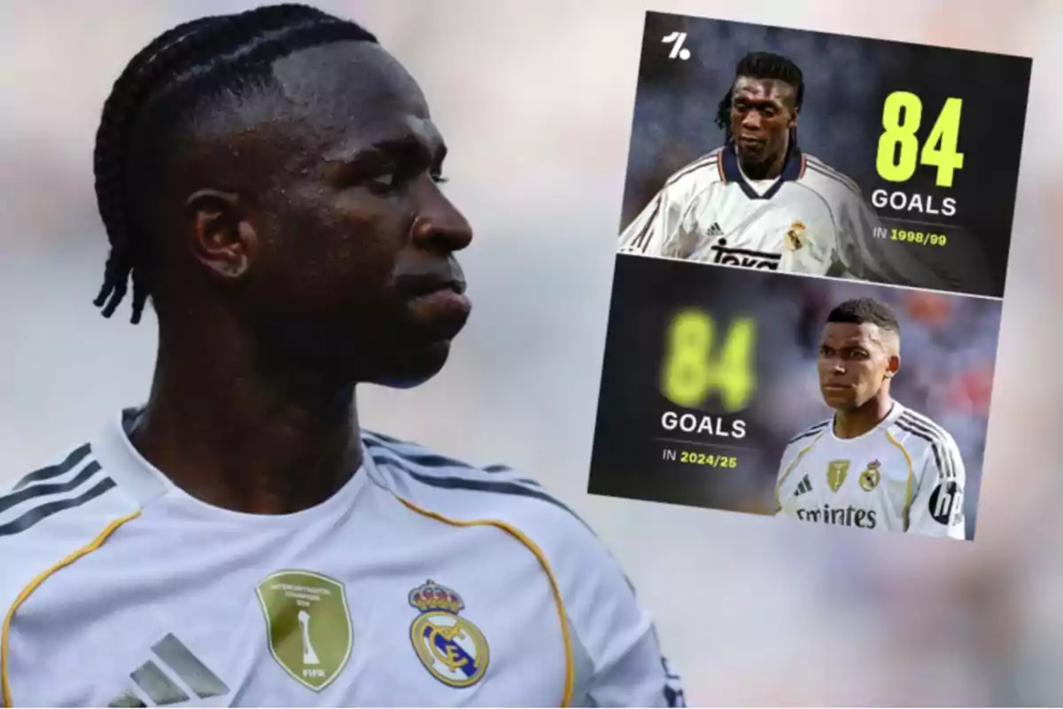 Futbolista del Real Madrid con una imagen superpuesta que compara goles de dos jugadores diferentes del equipo en distintas temporadas