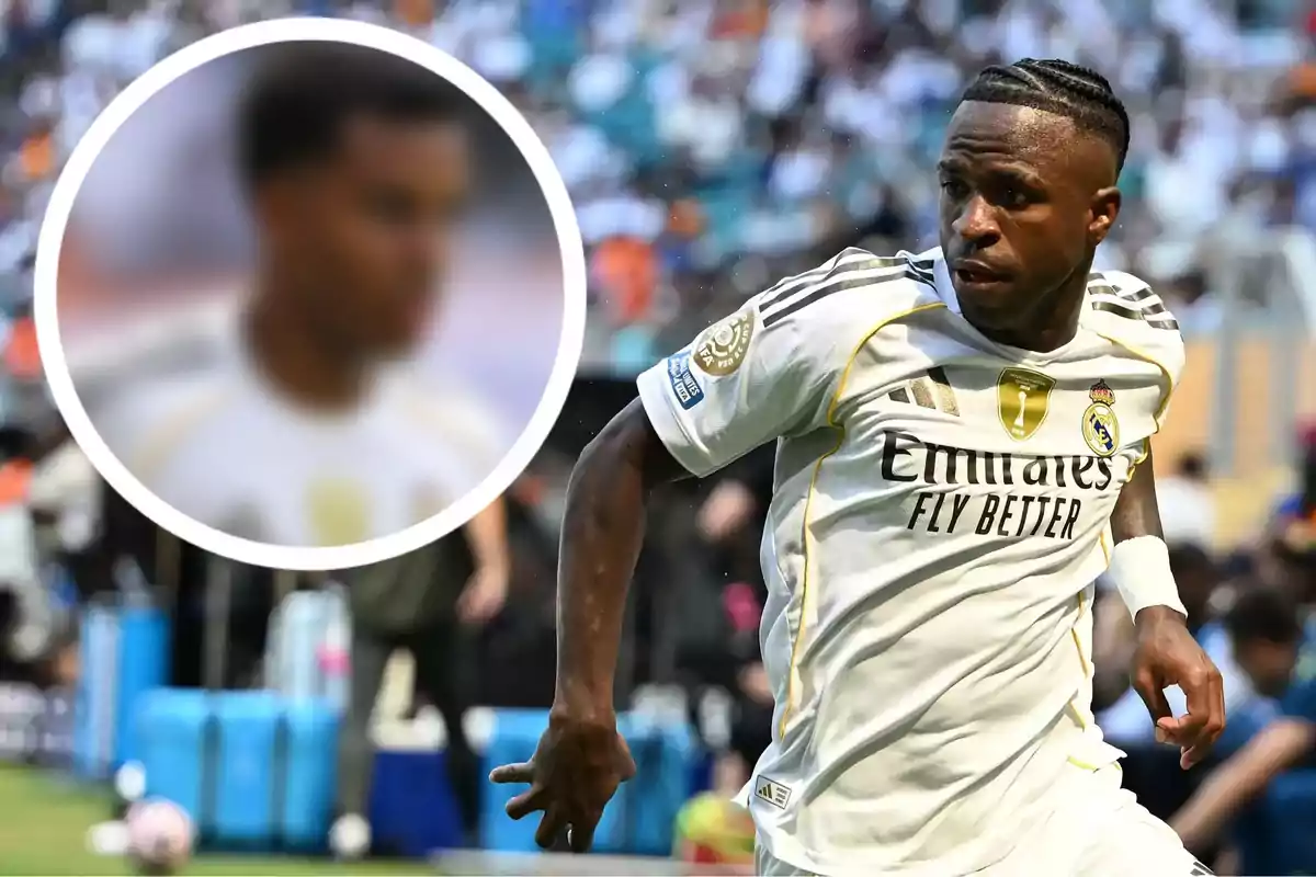 Real Madrid player running on the field with a circle showing a blurred portrait of the same person