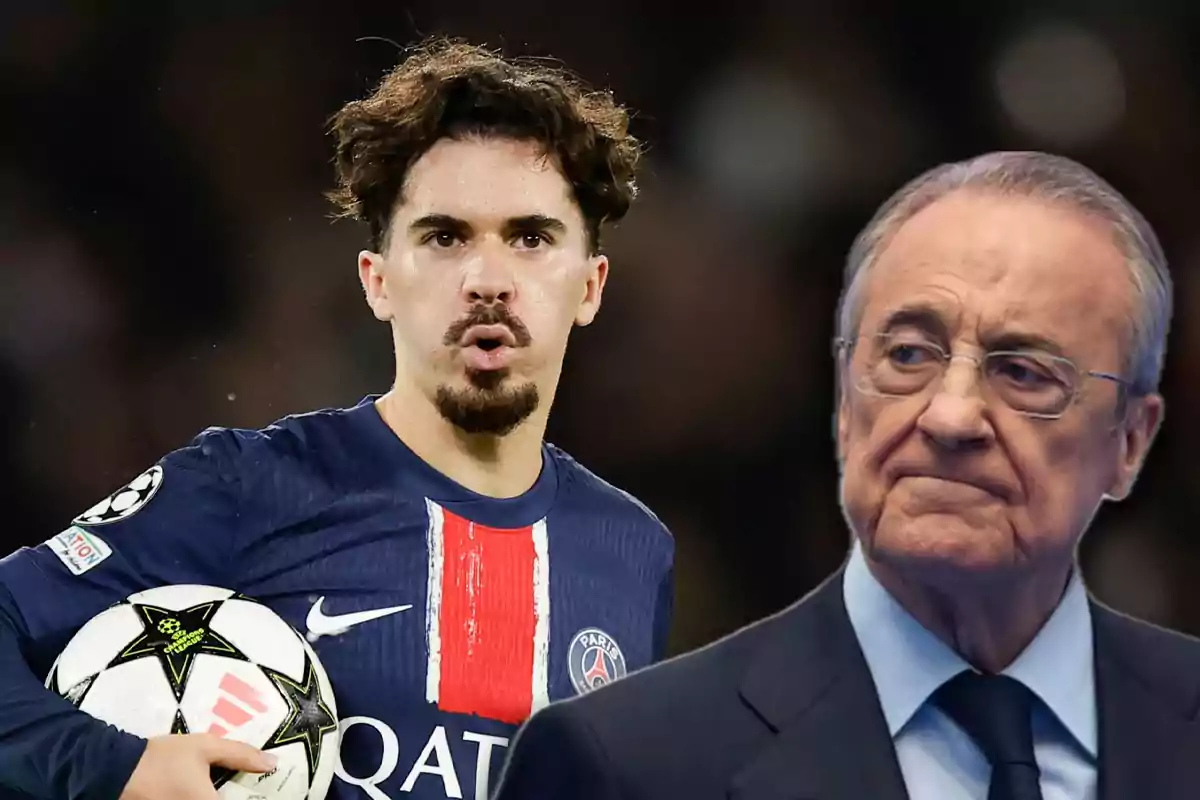 Un futbolista con uniforme del PSG sostiene un balón de la Champions League mientras un hombre mayor con gafas y traje aparece en primer plano mirando hacia un lado