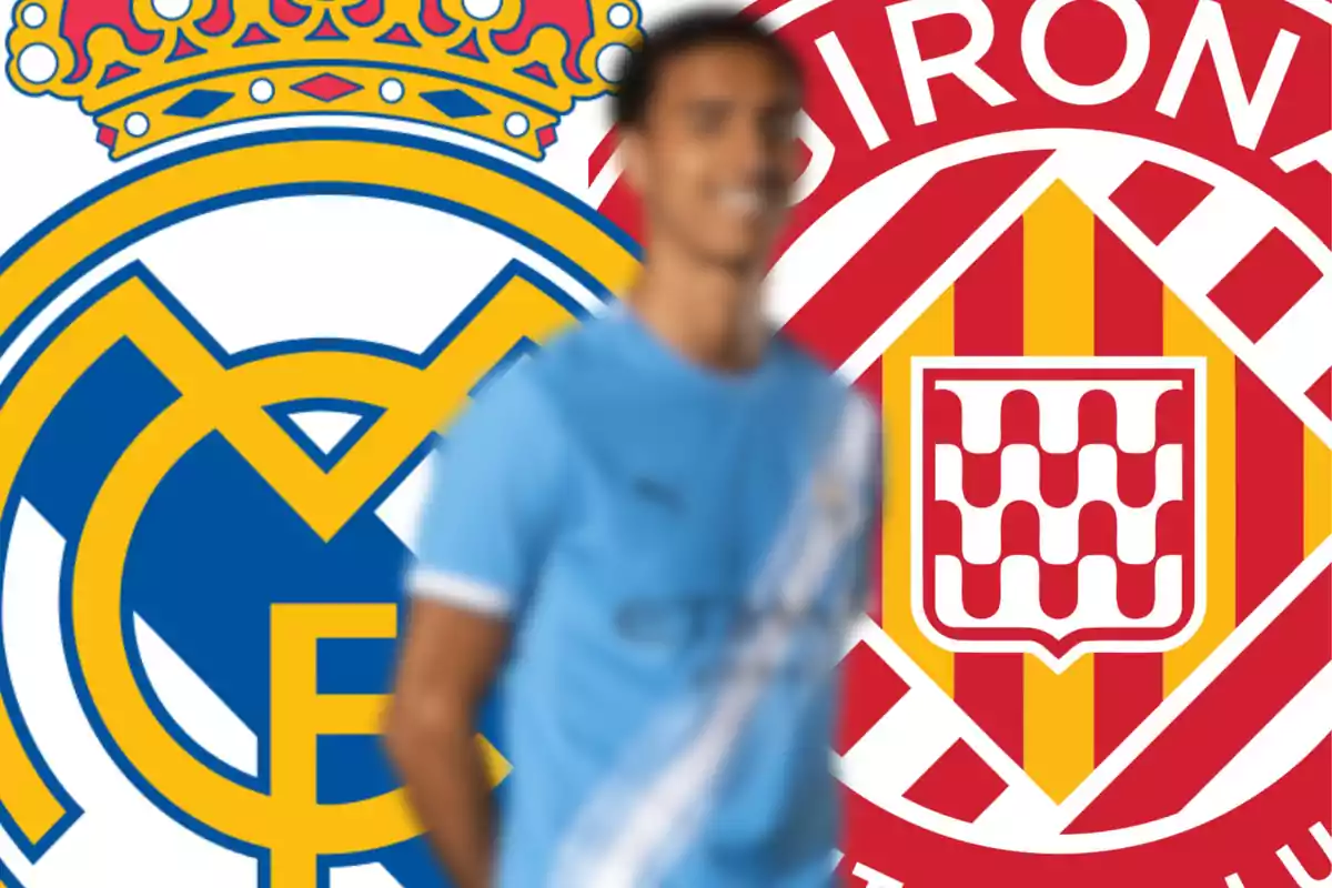 A blurred player wearing a light blue jersey appears in front of the Real Madrid and Girona crests.