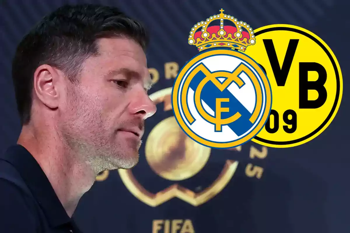 Man in profile with the Real Madrid and Borussia Dortmund crests superimposed in the background