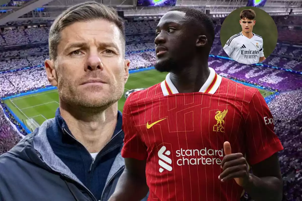 Tres personas relacionadas con el fútbol aparecen sobre el fondo de un estadio lleno, una de ellas lleva la camiseta del Liverpool y otra la del Real Madrid