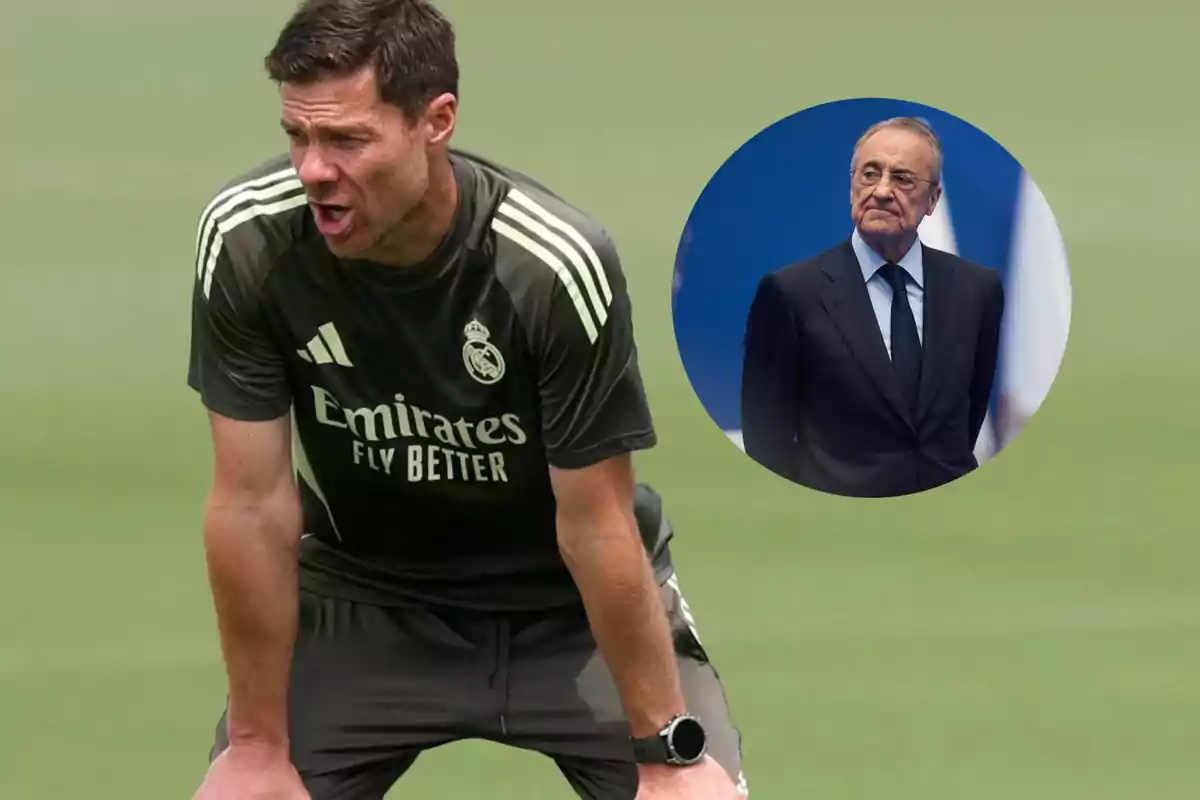 Real Madrid coach on the field in training gear and an older man in a suit in a circle on a green background.