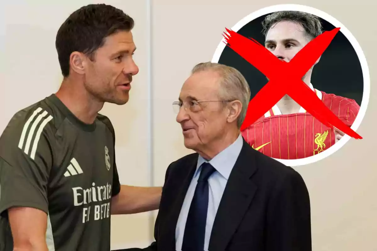 Two men are talking, and in the background, there is an image of a player with a big red X over his face.