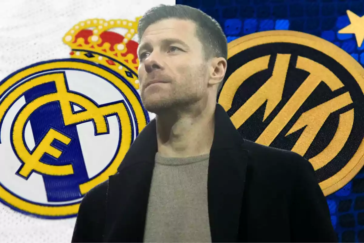 A man with short hair and a light beard is in the center of the image, with the Real Madrid crest on the left and the Inter Milan crest on the right.