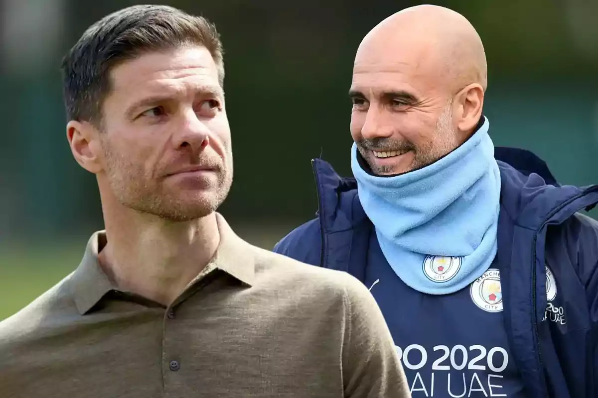 Two soccer coaches appear together, one with a serious expression and the other smiling, wearing sportswear from an English club.