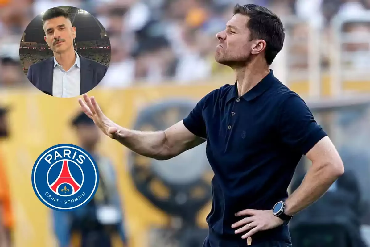 Entrenador de fútbol haciendo un gesto con la mano, con el logo del PSG y la foto de un hombre en traje en la esquina superior izquierda