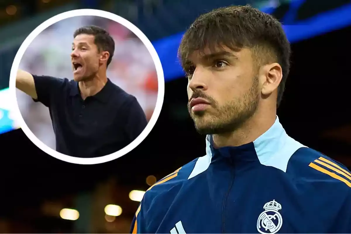 Un futbolista del Real Madrid con chaqueta azul aparece en primer plano mientras en un círculo al fondo se muestra a un entrenador dando indicaciones.