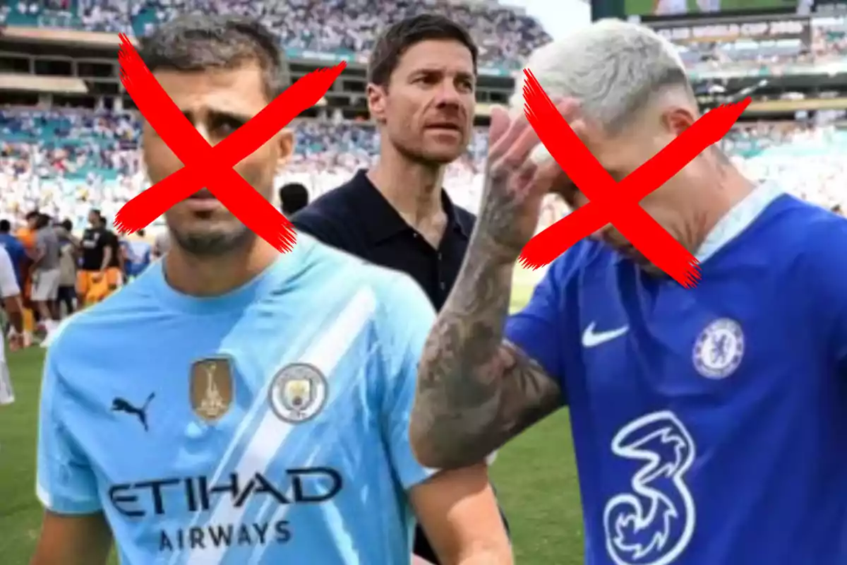 Three people in a soccer stadium, two of them wearing Manchester City and Chelsea jerseys, have a big red X over their faces.